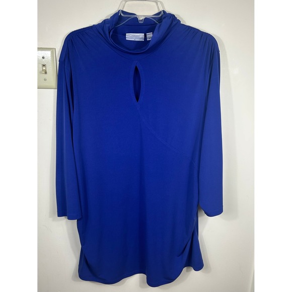 Susan Graver Liquid Knit Tunic Top Womens 2X Blue Mock Neck Keyhole Ruched Sleek - Picture 8 of 12